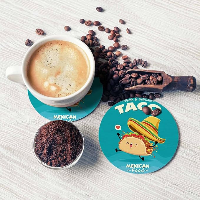 Taco Coasters for Coffee Table Cute Cartoon Mexican Food Funny Happy Hat Lovely Smile Beef Tomato Chicken Housewarming Presents for Women Men Home Decor Office Kitchen Living Room 2 Pcs