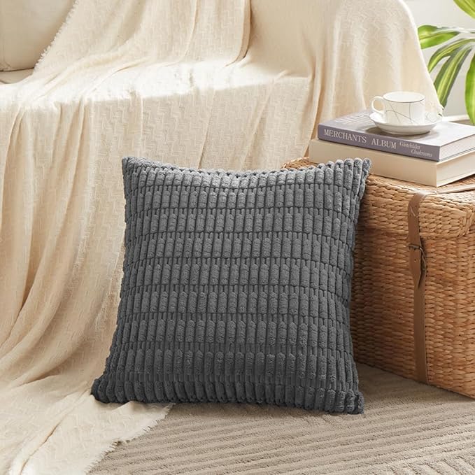 Fancy Homi 2 Packs Dark Grey Decorative Throw Pillow Covers 18x18 Inch for Living Room Couch Bed Sofa, Rustic Farmhouse Boho Home Decor, Soft Striped Corduroy Square Cushion Case 45x45 cm
