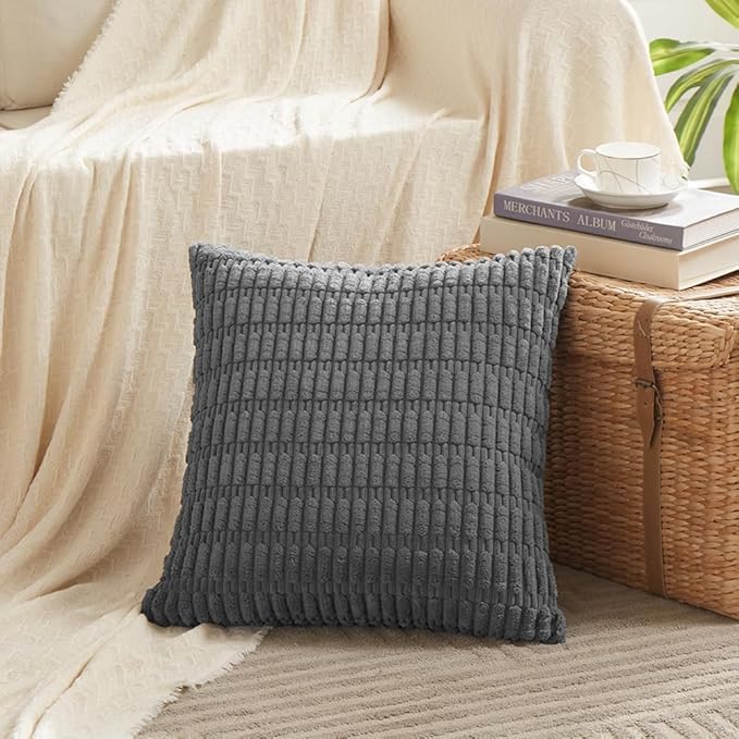 Fancy Homi 2 Packs Dark Grey Decorative Throw Pillow Covers 16x16 Inch for Living Room Couch Bed Sofa, Rustic Farmhouse Boho Home Decor, Soft Striped Corduroy Square Cushion Case 40x40 cm