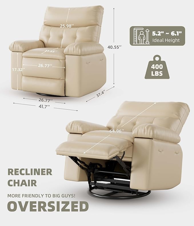 GarveeHome Oversized Rocker Swivel Recliner Chair - PU Leather Extra Wide Manual Recliner for Adults, Large Lazy Chair with 1.5X Sponge Comfort Arm and Back for Living Room, Bedroom