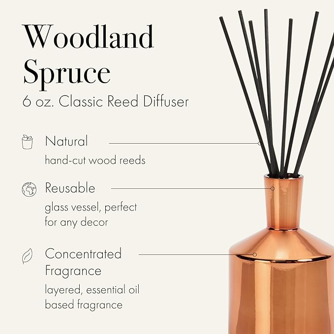 LAFCO New York Holiday Reed Diffuser, Woodland Spruce - 6 oz - Up to 3 Months Fragrance Life - Reusable Glass Vessel - Natural Wood Reeds - Made in The USA
