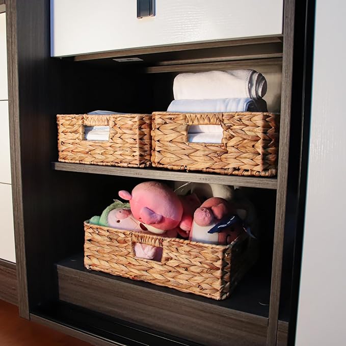 Rectangular Water Hyacinth Storage Baskets, Wicker Storage Baskets for Shelves, Square Shallow Basket, Woven Drawer Basket With Handle, 13” L x 10.6” W x 4.5” H