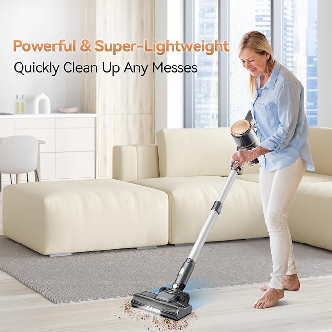 N8 Cordless Vacuum Cleaner,Lightweight Stick Vacuum with Powerful Suction,2200mAh Battery,40 Mins Runtime,Self-Standing,Rechargeable Vacuum Cleaners for Home Hardwood Floor Carpet Pet Hair (Peach)