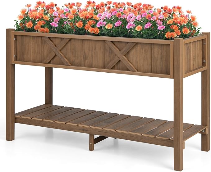 Giantex HIPS Raised Garden Bed, Elevated Planter Box w/Legs, Storage Shelf, Drainage Holes, Weather-Proof Standing Raised Beds for Backyard Porch Flower Herb (Coffee, 44" x 18" x 29")