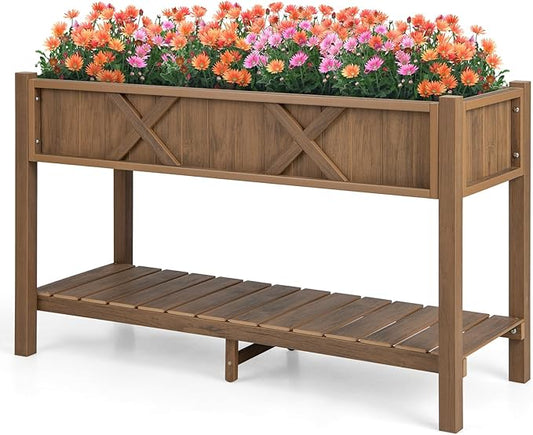 Giantex HIPS Raised Garden Bed, Elevated Planter Box w/Legs, Storage Shelf, Drainage Holes, Weather-Proof Standing Raised Beds for Backyard Porch Flower Herb (Coffee, 44" x 18" x 29")