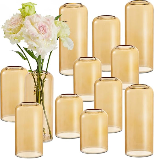 12Pcs Glass Bud Vases Set, Small Flower Vase for Centerpieces, Small Vases for Flowers, Decor Centerpiece for Bathroom, Decorative Vases for House Warming (Amber)