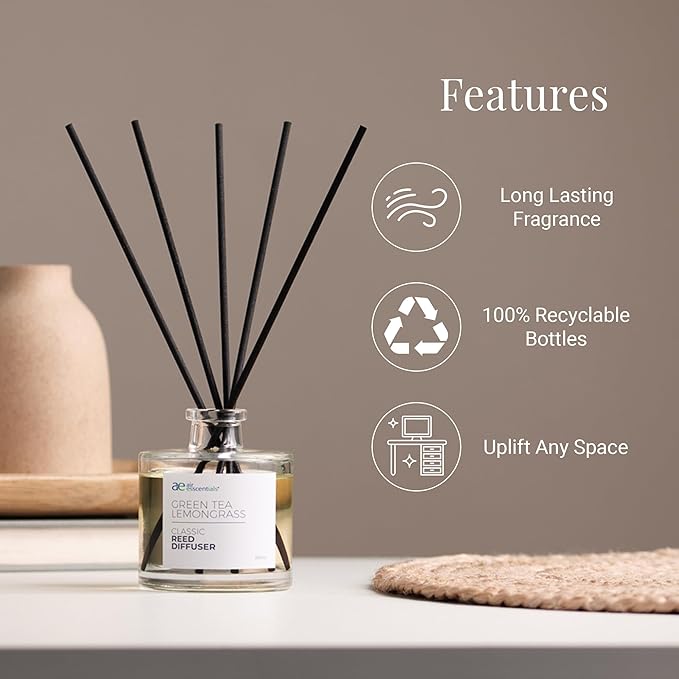 Classic Green Tea Lemongrass Reed Diffuser Set - Decorative Fragrance Diffuser & Oil for Bathroom & Home | Long-Lasting Aroma | Natural Scent Sticks | Essential Oils, Botanicals| 100mL