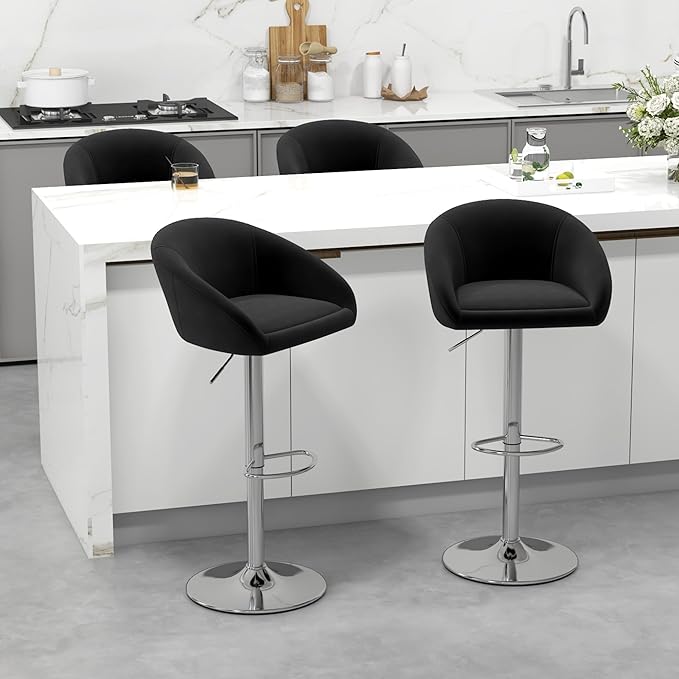 KCC Velvet Bar Stools Set of 4, Counter Height Bar Stools with Low Back, Swivel Barstool for Kitchen Island, Bar Pub (Black)