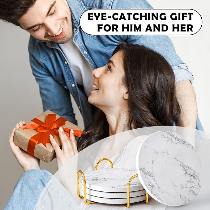 GOH DODD Coasters for Drinks Set of 4, Absorbent Marble Style Ceramic Coaster Tabletop Protection Home Decor with Metal Holder for Coffee Table Housewarming Gifts Wedding Party, White, Round, 4 Inch