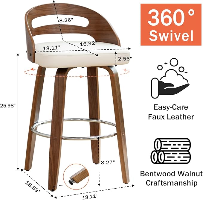 Counter Stools Set of 1, Counter Height Bar Stools with Walnut Crafts, Bentwood Curved Back, Upholstered Faux Leather, Soft Cushion Seat, Swivel Counter Chairs for Island/Pub (Beige, 26" Seat Height)