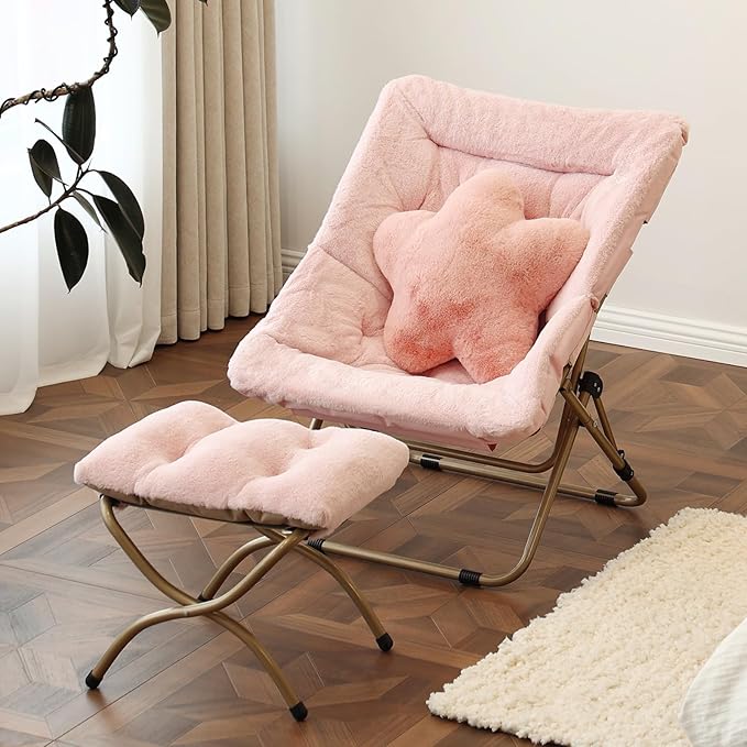 Welnow Comfy Saucer Chair with Ottoman, Oversized Folding Reading Chair for Adults with Throw Pillow Soft Faux Fur Lounge Chair for Bedroom Furry Accent Chair for Living Room, Dorm Rooms, Pink