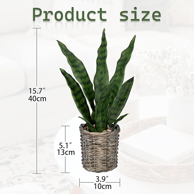 DILATATA Artificial Snake Plant 15 Inch Fake Sansevieria with Woven Basket Pot, Fake Mother in Law Plants Faux Potted Plant Greenery for Home Office Decor Indoor - Green