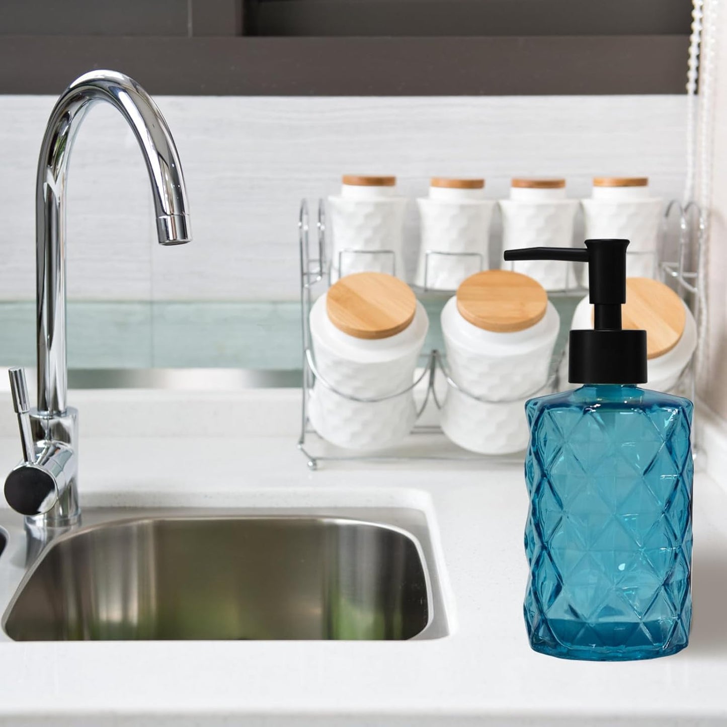 Blue Glass Soap Dispenser with Black Plastic Pump, 12oz Refillable Liquid Hand Soap Dispenser, 2 Pack Crystal Lotion Bottle for Modern Home Decor, Bathroom, Kitchen Countertop, Hotel