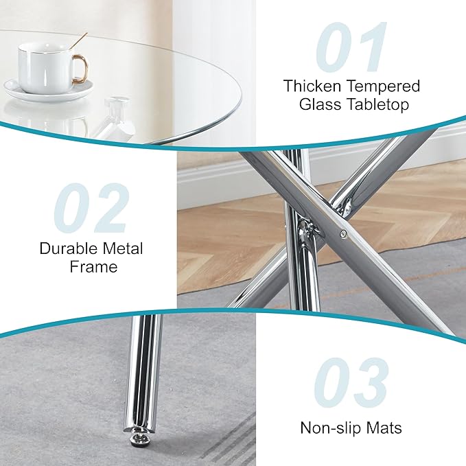 Kitchen Table Classic Dining Table for 4 Round Glass Dining Table 35.43" Kitchen & Dining Room Tables with Metal Legs and Glass Tabletop for Dining Room and Apartment, Silver