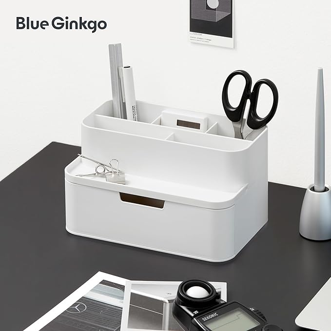 BLUE GINKGO Compact Desk Organizer – Small 5-Compartment, Half Drawer Storage – Pen Holder, Stationery Organizer for Desktop, Vanity, Shelf (Made in Korea, White)