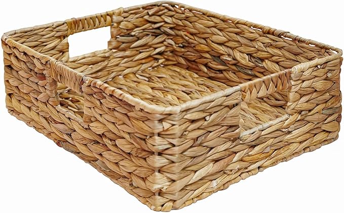 Rectangular Water Hyacinth Storage Baskets, Wicker Storage Baskets for Shelves, Square Shallow Basket, Woven Drawer Basket With Handle, 13” L x 10.6” W x 4.5” H