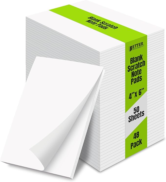 Better Office Products Blank Scratch Note Pads, 4" x 6" Pads, Server Notepads, 50 Sheets per Pad, Memo Pads, Gummed Binding for Easy Tear-off (48 Pack)