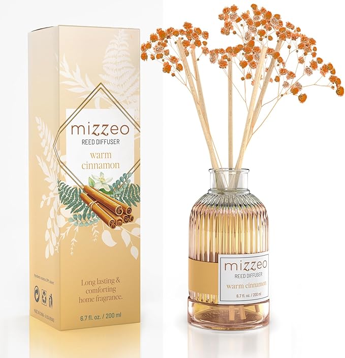 MIZZEO Reed Diffuser Set, Warm Cinnamon 6.76 fl oz Highly Scented Room Diffuser Home Fragrance Essential Oil Reed Flower Diffuser, House Bedroom Office Decor & Gifts