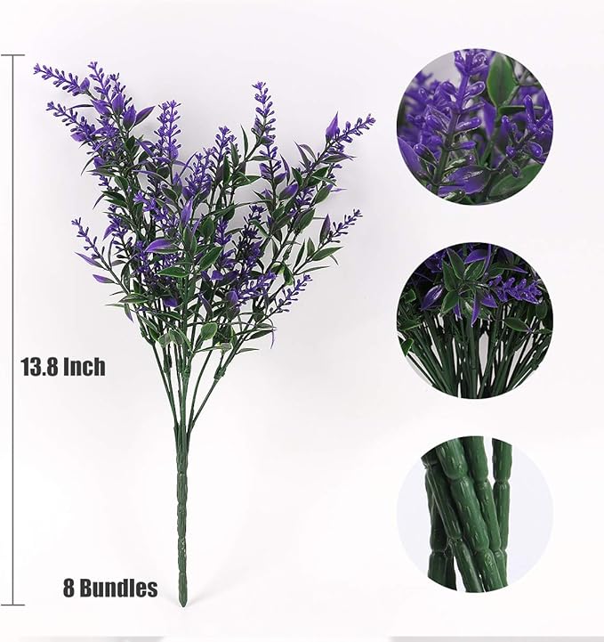RECUTMS Artificial Greenery Lavender Fake Shrubs Flowers 8 Bundles UV Resistant Hanging Planter Flora Fence Indoor Outside Decor Wedding Table Flowers Arrangement Bouquet Filler (Purple)