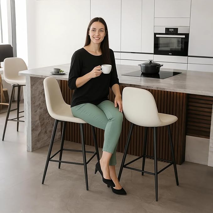 White Bar Stools Set of 4,Faux Leather Counter Height Bar Stools,24.6" Bar Chairs with Back Metal Footrest,Modern Counter Stool with Back and Footrest for Kitchen Island Restaurants Pubs