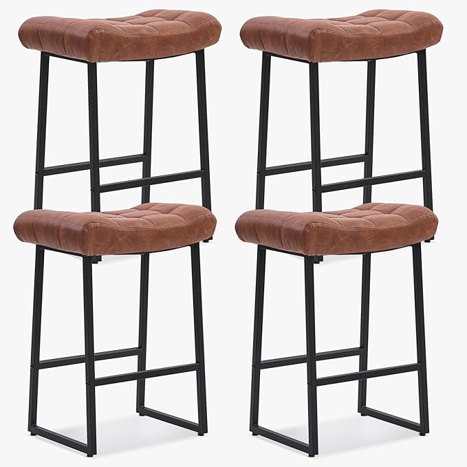 Modern Bar Stools Set of 4 for Kitchen Counter 24 inch Counter Height Backless Barstools with Upholstered Faux Leather Saddle Seat and Metal Frame Industrial Bar Chairs, Brown