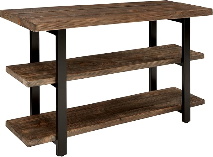 Alaterre Furniture Pomona 48" Solid Pine Wood Media Console Table with 2 Open Shelves and Metal Legs - 3-Tier Storage Display and Rustic Industrial Accent Furniture in Natural Finish