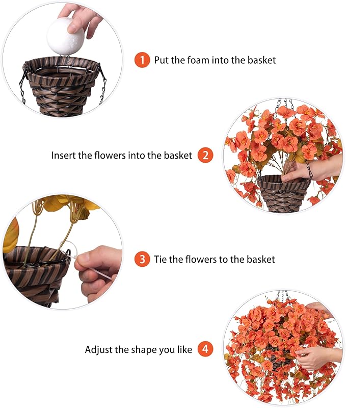 Artificial Fake Fall Hanging Flowers Plants Baskets, 5Pcs Faux Silk Hibiscus Long Vines Outdoor Plants in Planter UV Resistant Realistic Flower for Outside Home Porch Patio Garden (Fall Orange)