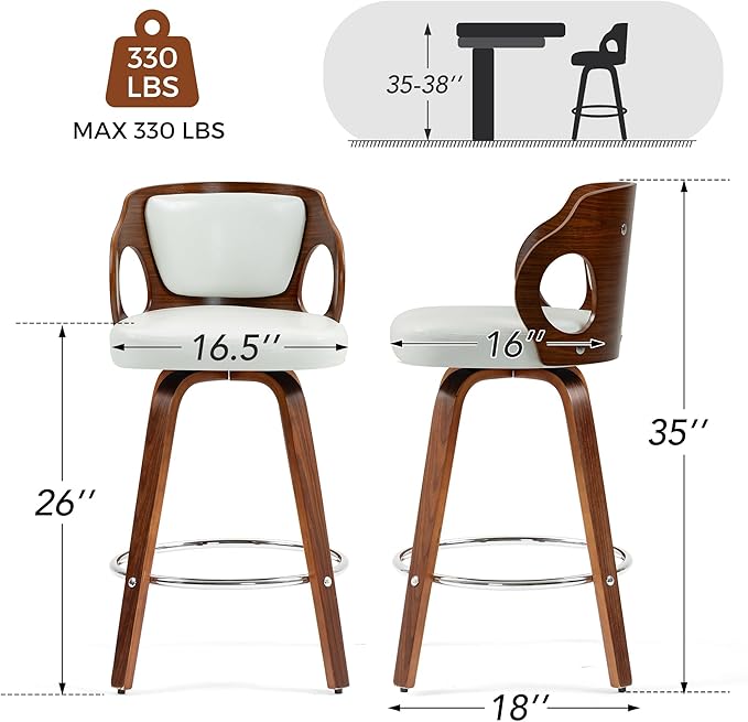 ECOTOUGE Swivel Bar Stools Set of 2, Walnut Faux Leather Counter Height Barstools with Bentwood Back and Footrest, for Dining Room, Kitchen Island and Pub, White