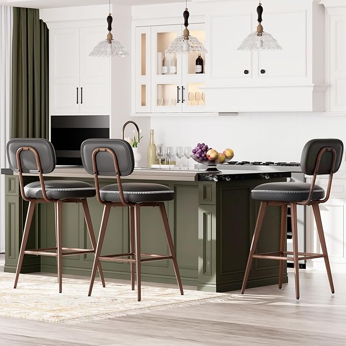 Swivel Bar Stools Set of 4, Mid Century PU Leather Counter Height Bar Chairs with Low Back and Metal Legs, Modern Bar Stool Chair for Kitchen Island, Black