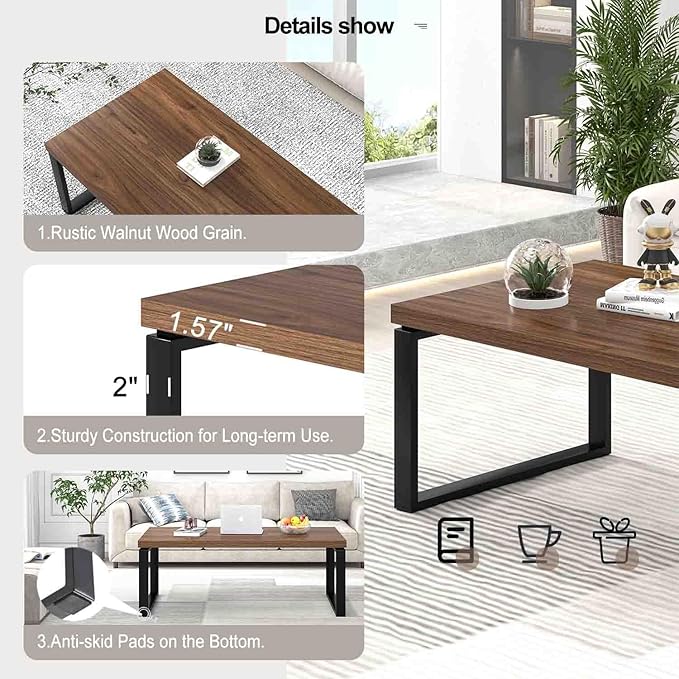 EXCEFUR Modern Coffee Table, Industrial Center Table for Living Room, Wood and Metal Rectangle Cocktail Tea Table for Home Office, Easy Assembly, Walnut, 47 Inch