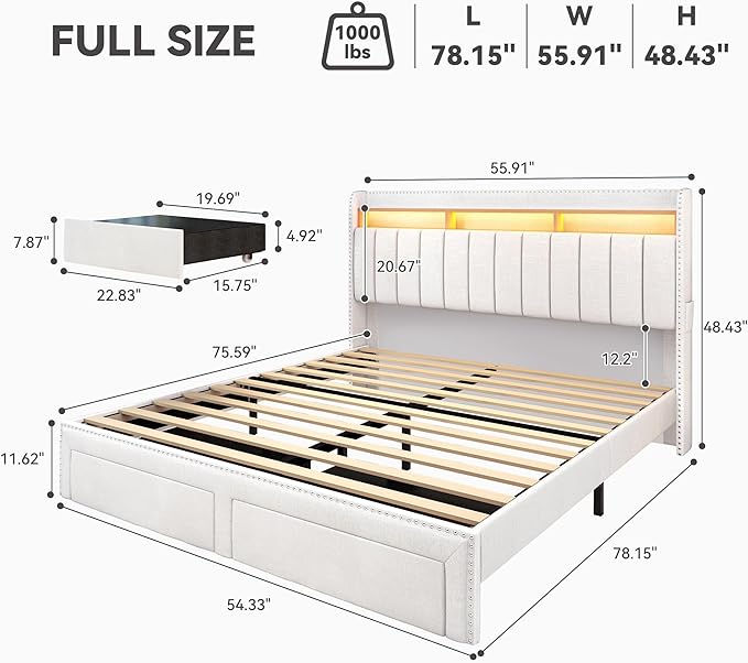 Torana Full LED Bed Frame with 2 Drawers, Linen Upholstered Storage Wingback Headboard Beds, Channel Tufted Platform Bedframe with Rivet Decor, No Box Spring Needed, Natural