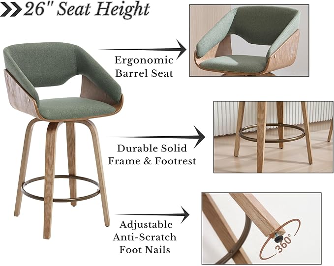 HNY 26 Inch Swivel Bar Stools with Back Set of 2, Green Linen Upholstered Counter Height Barstools with Solid Bentwood Frame, Round Footrest, Modern Barrel Counter Stools for Kitchen Island, Home Bar