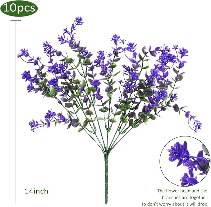 RECUTMS Fake Outdoor Flowers Artificial Flowers Plants for Window Boxes Spring Outdoor Home Decoration, 10 Bundles Fake Faux Eucalyptus for Outside Home Planter Porch Patio Window Yard Decor(Purple)