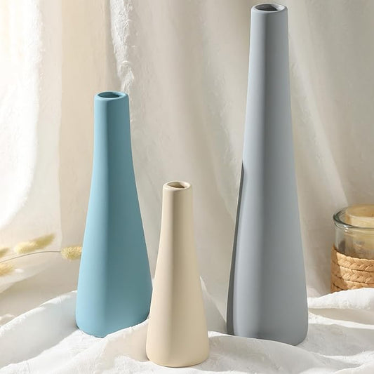 Ceramic Vase Set of 3, Modern Farmhouse Vases Neutral Pottery Vase Pampas Grass Flower Vases for Home Decoration Room Decor Table Living Room Centerpieces Mantel Decor - Blue