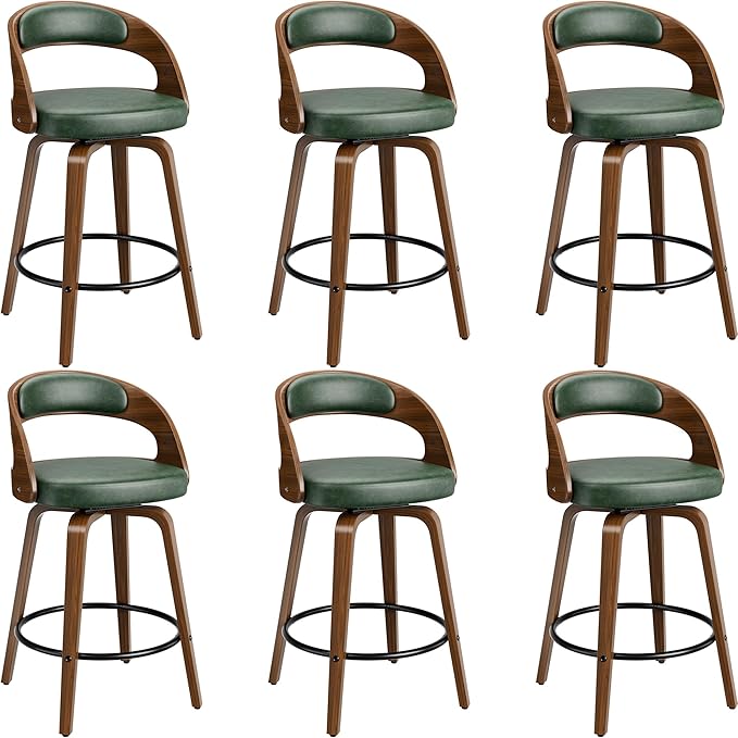 Swivel Bar Stools Set of 6, 26" Upholstered Faux Leather Barstools with Bentwood Legs, Mid Century Modern Counter Height Bar Stools with Back for Kitchen Island, Dining Room, Green