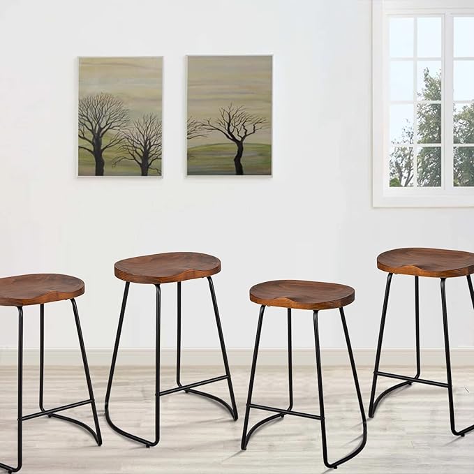 HeuGah Bar Stools Set of 4, Saddle Seat Bar Stools with Metal Legs, Rustic Backless Counter Height Stools, Industrial Counter Stools (Walnut, 26 Inch)