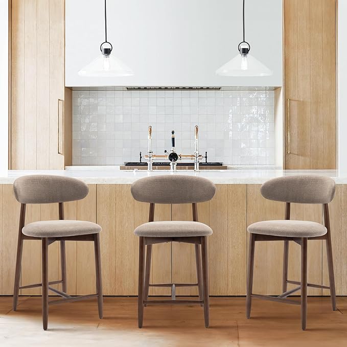 COLAMY Bar Stools Set of 3, Counter Height BarStools with Back, Mid Century Modern Upholstered, with Wood Legs for Kitchen Island Dining Room, Camel