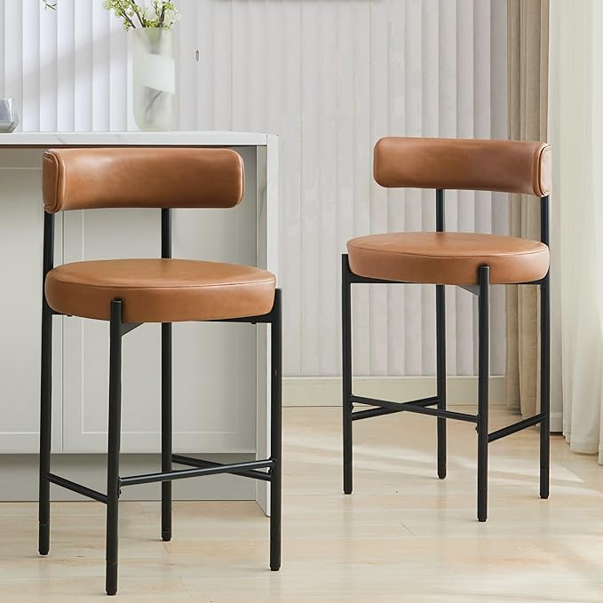 28'' Faux Leather Bar Stools Set of 2, Bar Height Stools for Kitchen Island, Brown Barstools with Backs, Upholstered Counter Chairs (Vegan Leather, Brown)
