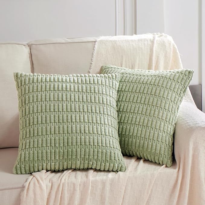 Fancy Homi 4 Packs Sage Green Decorative Throw Pillow Covers 16x16 Inch for Living Room Couch Bed Sofa, Rustic Farmhouse Boho Home Decor Soft Plush Striped Corduroy Square Cushion Case 40x40 cm