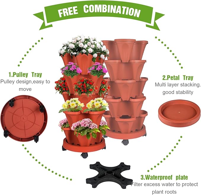 Vertical Strawberry Planter 5 Tier Stackable Tower Herb Planters Stacking Outdoor Garden Planters Pot with Tools Mover for Growing Flowers, Vegetables and Succulents