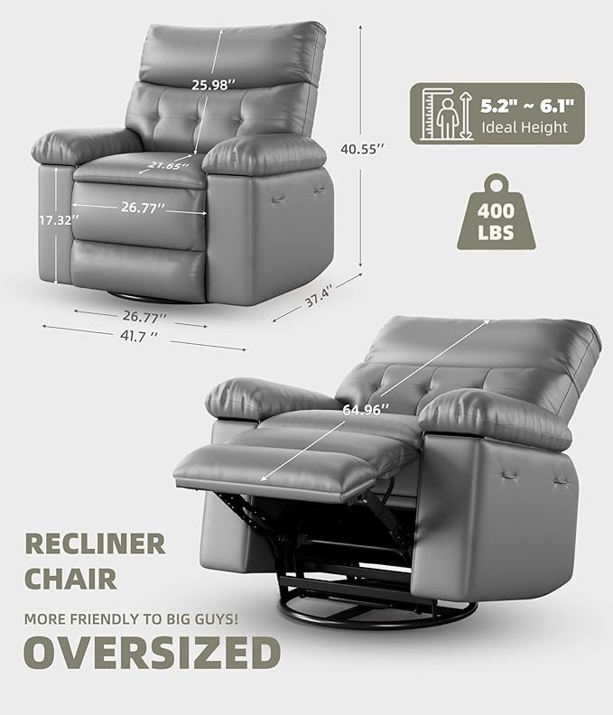 GarveeHome Oversized Rocker Swivel Recliner Chair - PU Leather Extra Wide Manual Recliner for Adults, Large Lazy Chair with 1.5X Sponge Comfort Arm and Back for Living Room, Bedroom