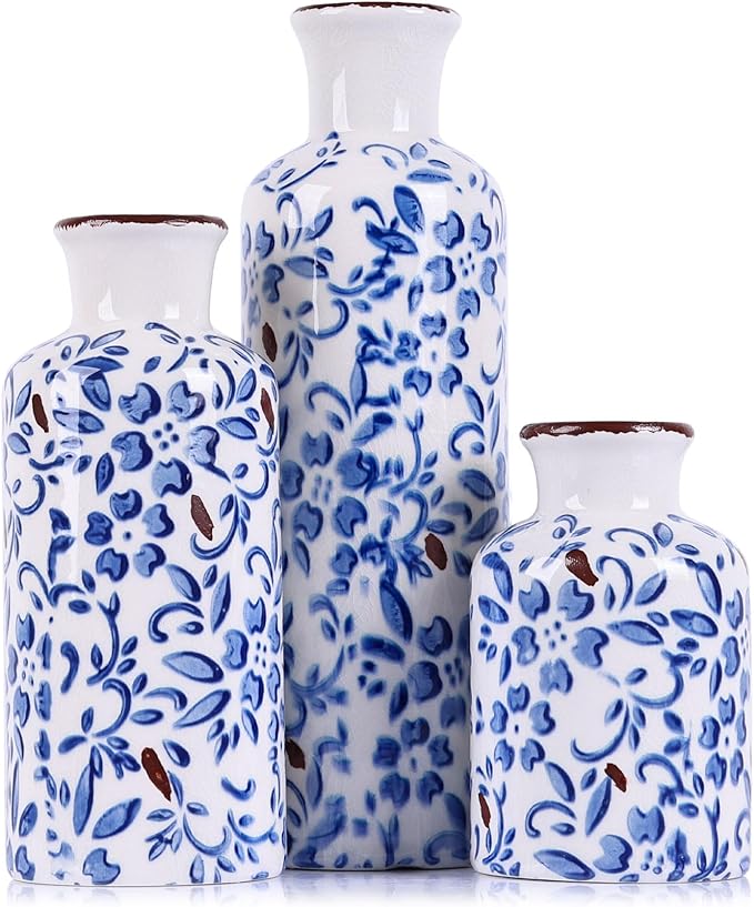 Chinoiserie Decor Ceramic Vases Set - 3 Blue and White Vase, Chinoiserie Vase Farmhouse Country, Flower Vases Home Decor, Living Room Decoration, Entrance, Fireplace, Table Decoration, Centerpieces