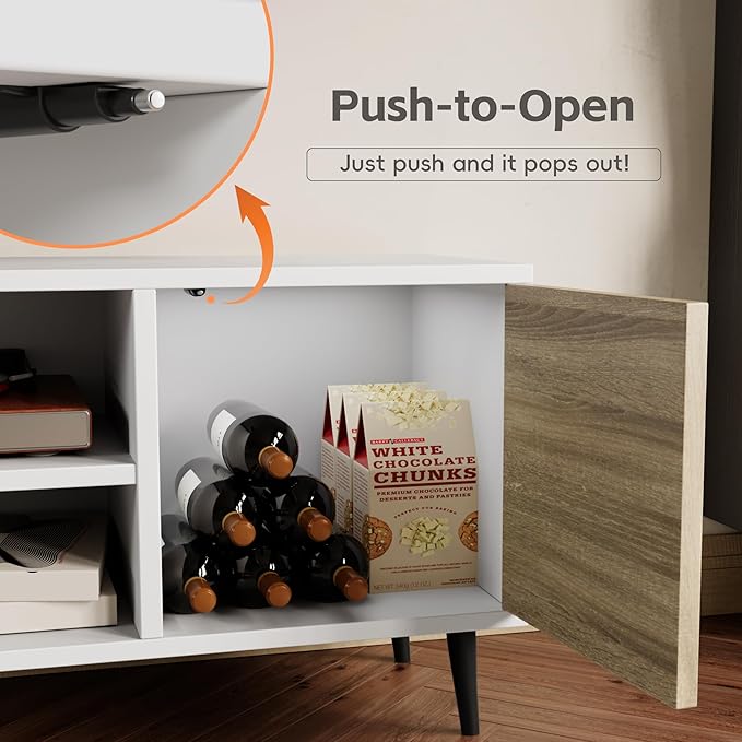 YESHOMY Modern TV Stand for 65" Television, Entertainment Center with Two Storage Cabinets and Open Shelves, Retro Style Media Console for Living Room, Bedroom, Office, 58 Inch, White & Beige