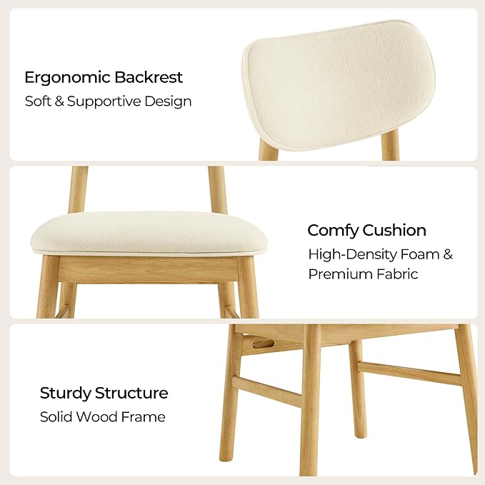 CHITA Upholstered Dining Chairs Set of 2, Mid Century Modern Kitchen & Dining Room Chairs, Solid Wood Frame in Oak, Chenille Fabric in Cream (White)