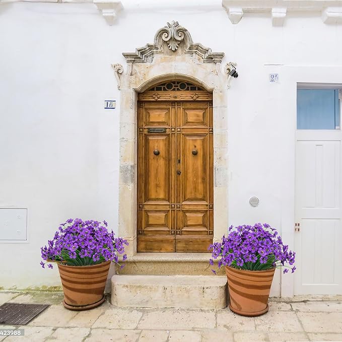 Outdoor Artificial Flowers 21 UV Resistant Bundles Fake Flower Plastic Plants Faux Silk Flowers Porch Hanging Garden Porch Window Box Decorating (Purple)