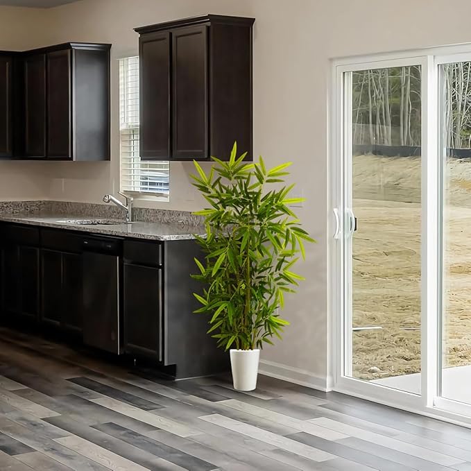 Artificial Bamboo Tree, 5ft Tall Fake Bamboo Plant with White Planter, Faux Trees with 5 Trunks and Lifelike Leaves for Indoor Outdoor Home Office Décor