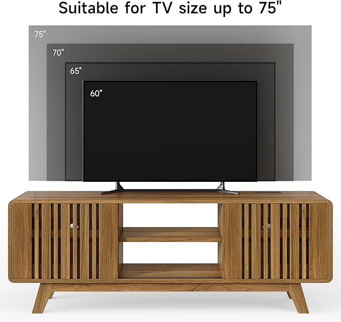 ONBRILL 63-Inch TV Stand for TVs up to 75 Inch, Mid-Century Modern Television Stand with Power Outlet， Entertainment Center with Sliding Grille Door Cabinets and Open Shelves for Living Room, Oak