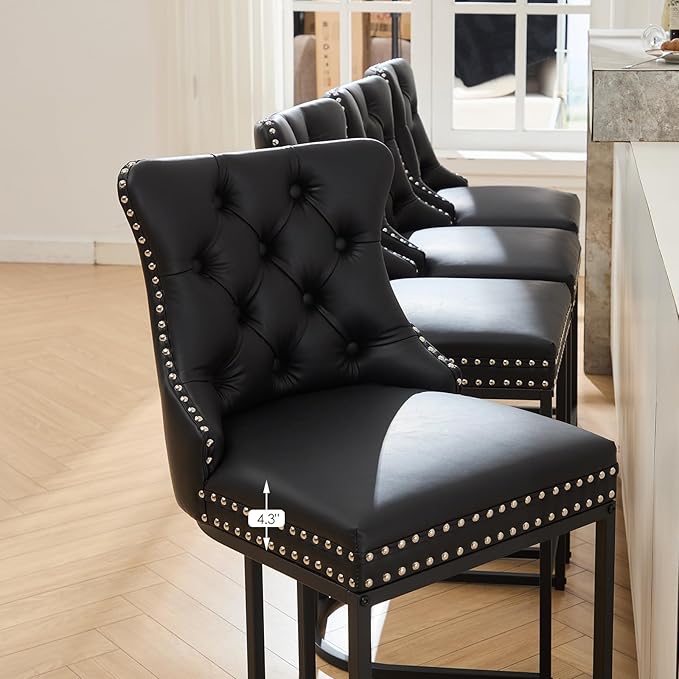 UVV Counter Height Bar Stools Set of 1, 26" Modern Barstools with Back, Faux Leather Upholstery Counter Chairs with Metal Legs for Kitchen Island, Bar, Counter, Black