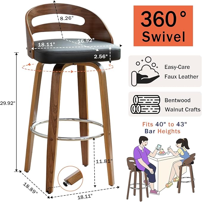 Bar Stools Set of 4, Swivel Bar Stools with Walnut Craftsmanship, Bentwood Curved Back, Upholstered Faux Leather, Soft Cushion Seat, Mid Century BarStools for Bar/Pub/Cafe (Black, 30" Seat Height)