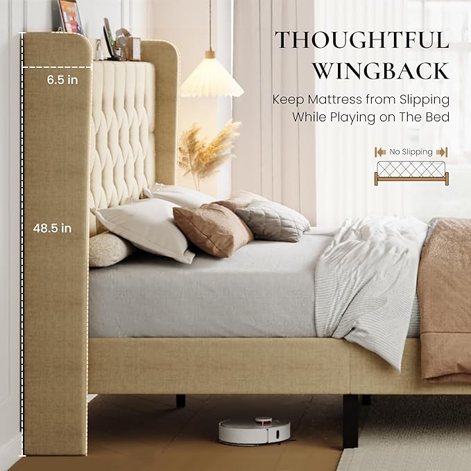 SHA CERLIN Full Size Platform Bed Frame with Charging Station, Velvet Wingback Headboard with Storage Shelf, Wooden Slats Support, Ample Under-Bed Space, No Box Spring Needed, Easy Assembly, Beige